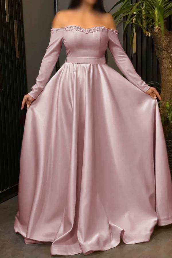 Off the Shoulder Long Sleeve Long Prom Dress with Pleated Beading