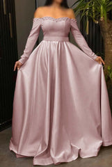 Off the Shoulder Long Sleeve Long Prom Dress with Pleated Beading