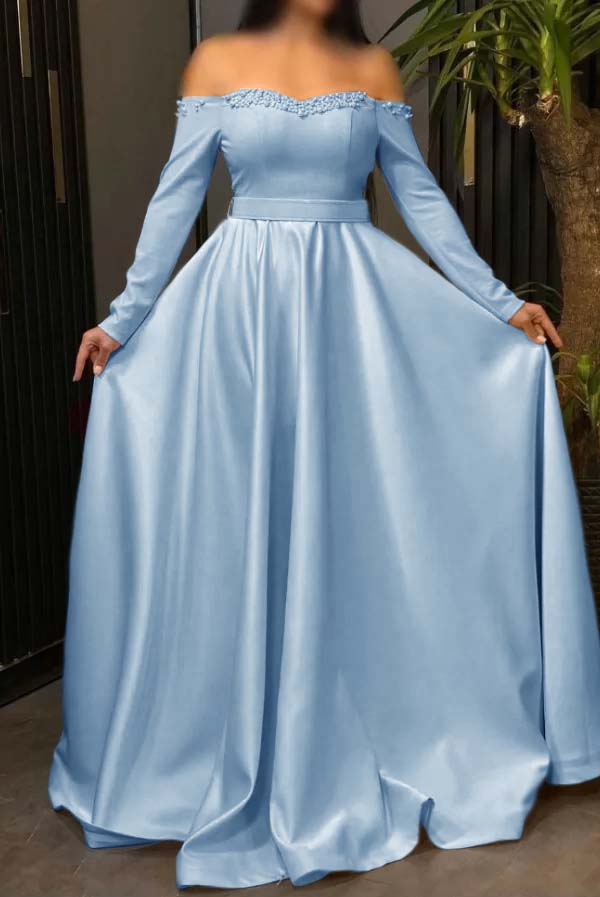 Off the Shoulder Long Sleeve Long Prom Dress with Pleated Beading
