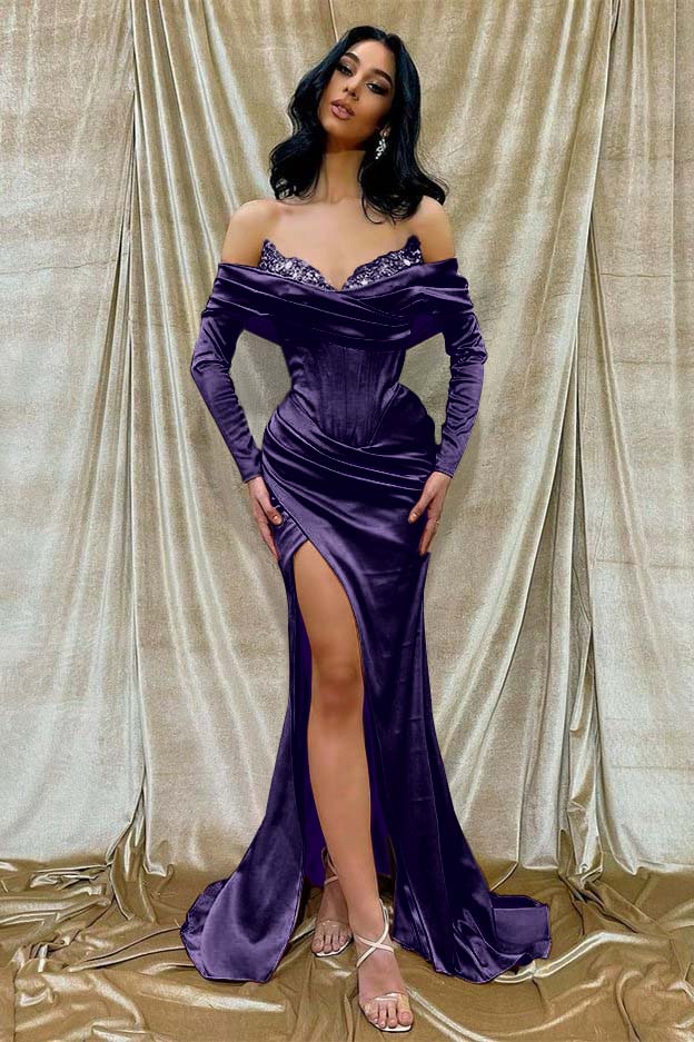 Off the Shoulder Long Sleeve Long Prom Dress with Beading and Split