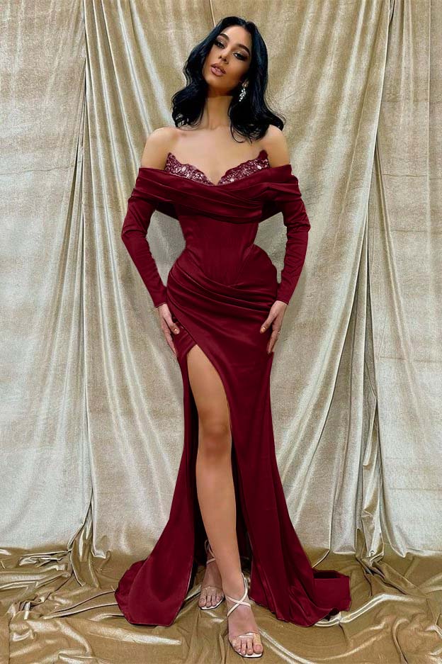 Off the Shoulder Long Sleeve Long Prom Dress with Beading and Split