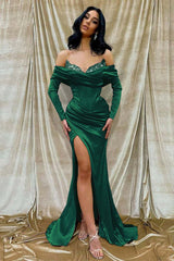 Off the Shoulder Long Sleeve Long Prom Dress with Beading and Split