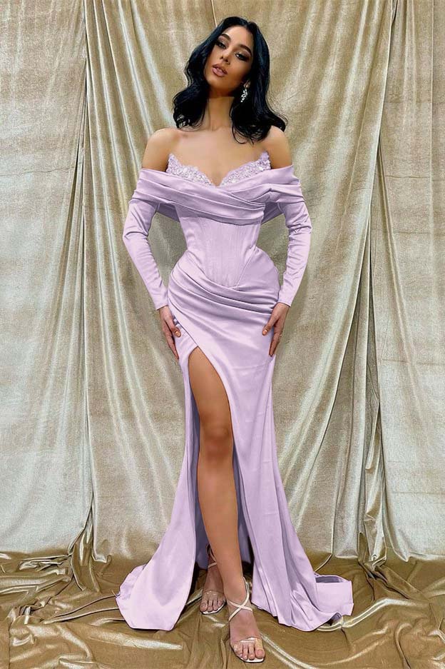 Off the Shoulder Long Sleeve Long Prom Dress with Beading and Split