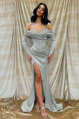 Off the Shoulder Long Sleeve Long Prom Dress with Beading and Split