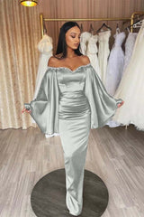 Off the Shoulder Long Sleeve Long Prom Dress with Beading and Pleated