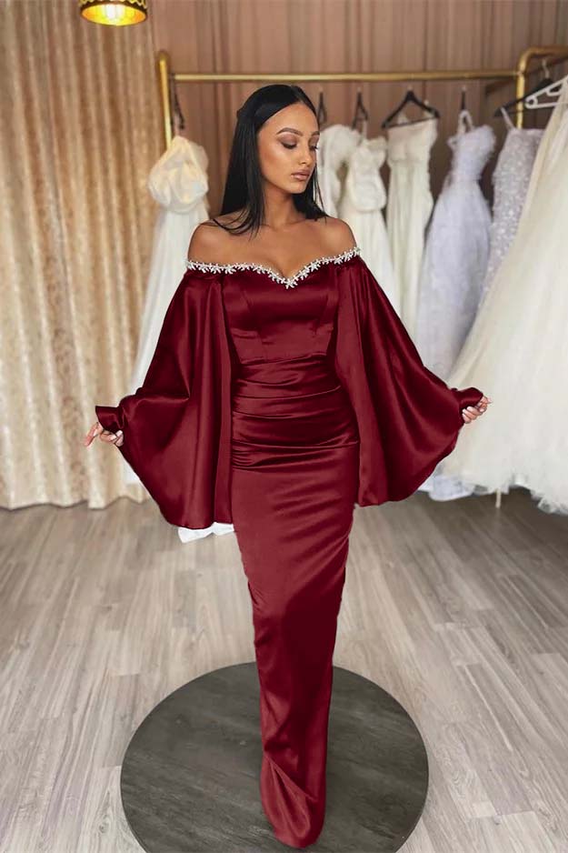 Off the Shoulder Long Sleeve Long Prom Dress with Beading and Pleated