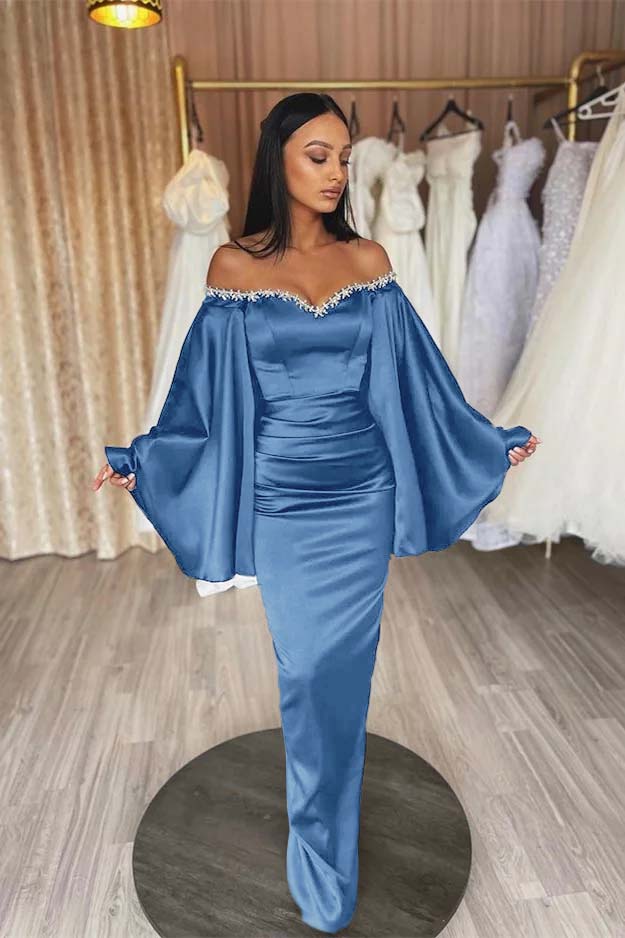 Off the Shoulder Long Sleeve Long Prom Dress with Beading and Pleated
