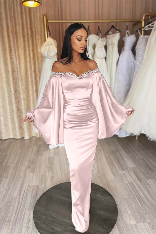 Off the Shoulder Long Sleeve Long Prom Dress with Beading and Pleated