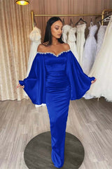 Off the Shoulder Long Sleeve Long Prom Dress with Beading and Pleated