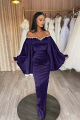 Off the Shoulder Long Sleeve Long Prom Dress with Beading and Pleated