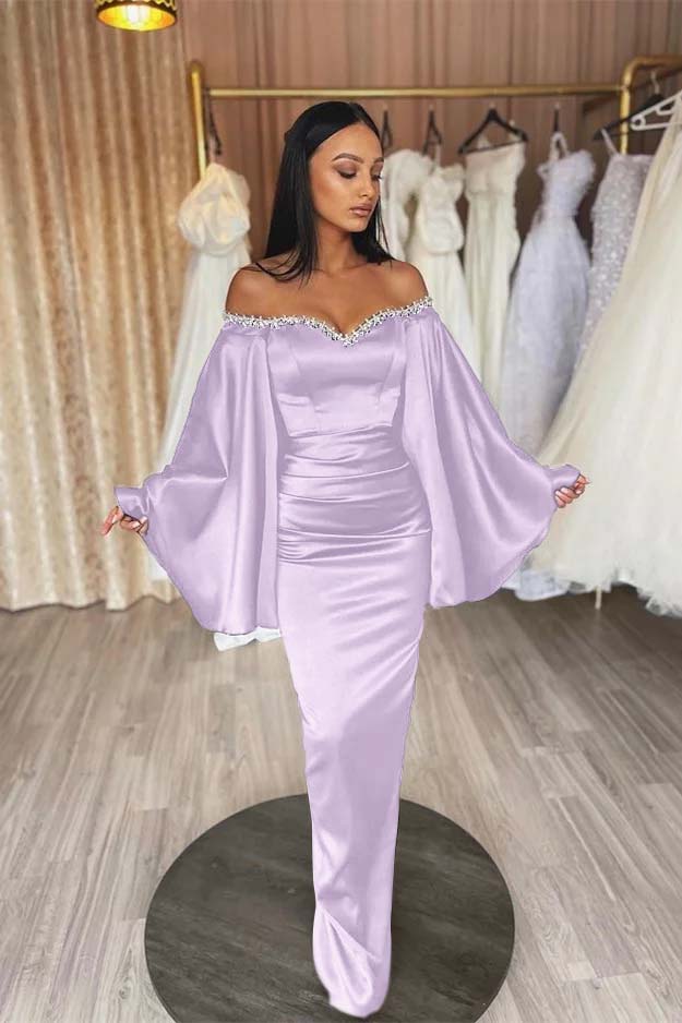 Off the Shoulder Long Sleeve Long Prom Dress with Beading and Pleated