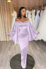 Off the Shoulder Long Sleeve Long Prom Dress with Beading and Pleated