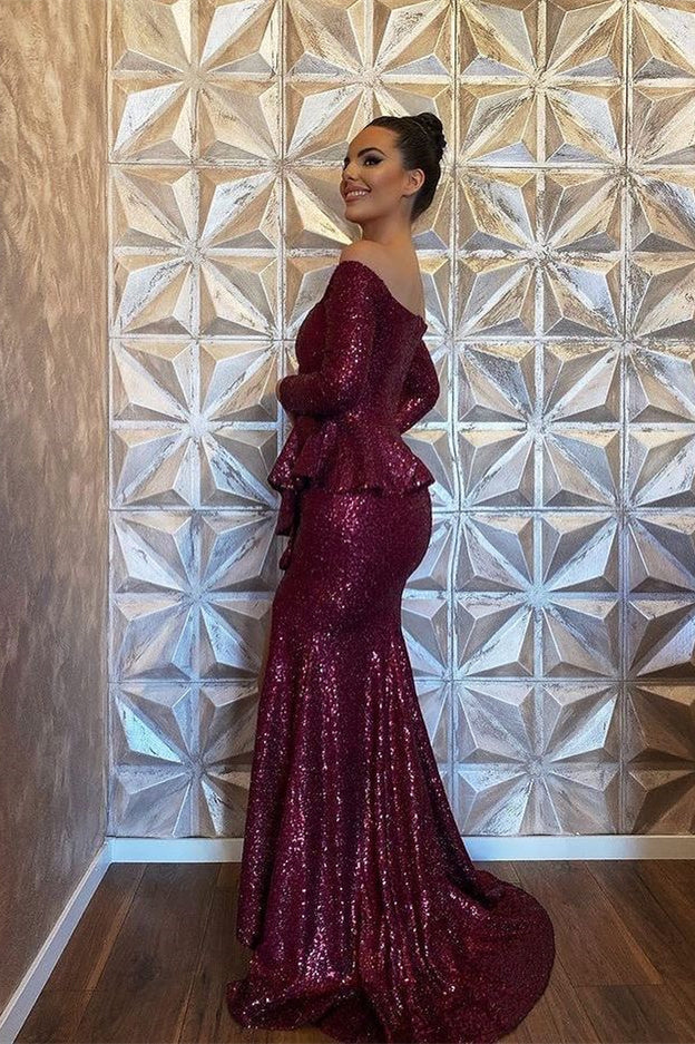 Burgundy Off the Shoulder Long Sleeve Mermaid Prom Dress with Sequins and Split