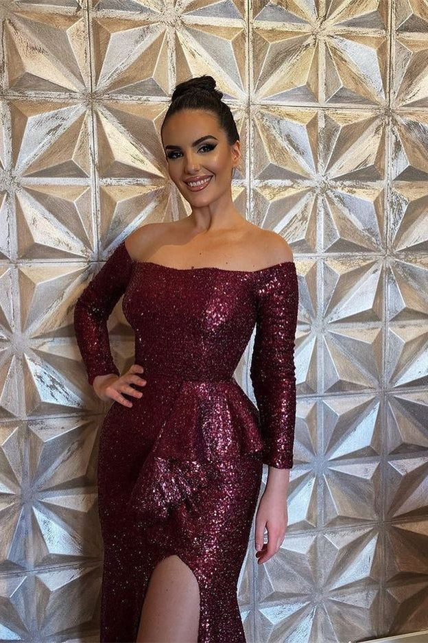 Burgundy Off the Shoulder Long Sleeve Mermaid Prom Dress with Sequins and Split