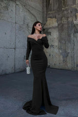Off the Shoulder Long Sleeve Long Prom Dress with Split and Pleated