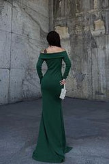 Off the Shoulder Long Sleeve Long Prom Dress with Split and Pleated