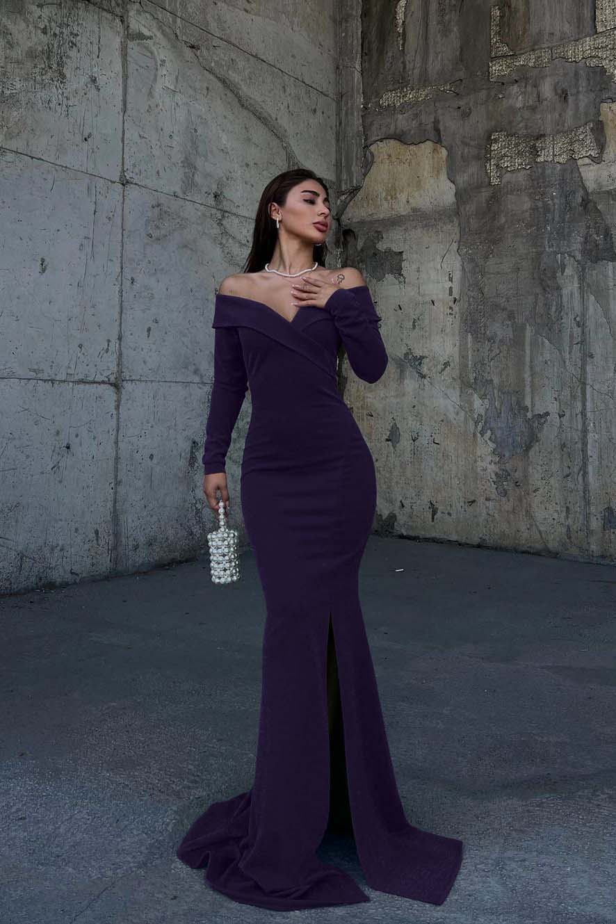 Off the Shoulder Long Sleeve Long Prom Dress with Split and Pleated