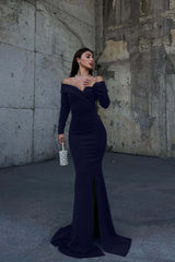Off the Shoulder Long Sleeve Long Prom Dress with Split and Pleated