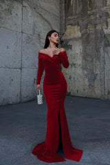 Off the Shoulder Long Sleeve Long Prom Dress with Split and Pleated