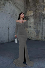 Off the Shoulder Long Sleeve Long Prom Dress with Split and Pleated