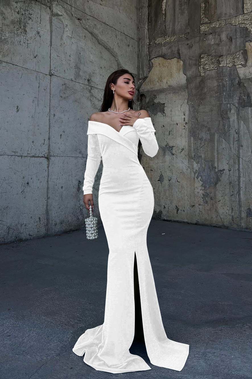 Off the Shoulder Long Sleeve Long Prom Dress with Split and Pleated