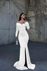 Off the Shoulder Long Sleeve Long Prom Dress with Split and Pleated