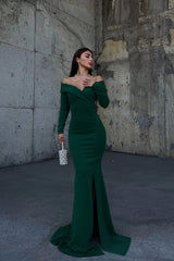 Off the Shoulder Long Sleeve Long Prom Dress with Split and Pleated