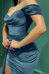 Off the Shoulder Sweetheart Long Sleeve Long Prom Dress with Split and Ruffles