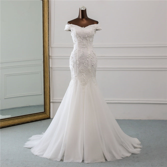 Off-the-Shoulder Mermaid Long Wedding Dress with Tulle Lace