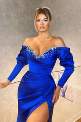 Royal Blue Off the Shoulder Long Sleeve Mermaid Long Prom Dress with Beading