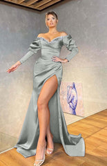 Royal Blue Off the Shoulder Long Sleeve Mermaid Long Prom Dress with Beading