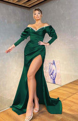 Royal Blue Off the Shoulder Long Sleeve Mermaid Long Prom Dress with Beading