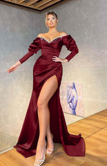 Royal Blue Off the Shoulder Long Sleeve Mermaid Long Prom Dress with Beading