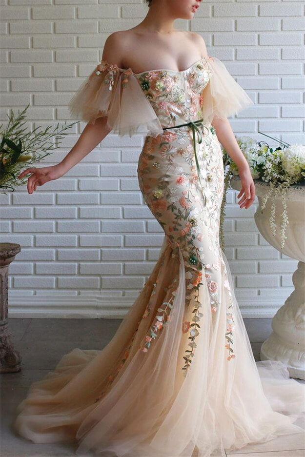 Off-The-Shoulder Mermaid Strapless Flowers Evening Dress Beadings with Appliques