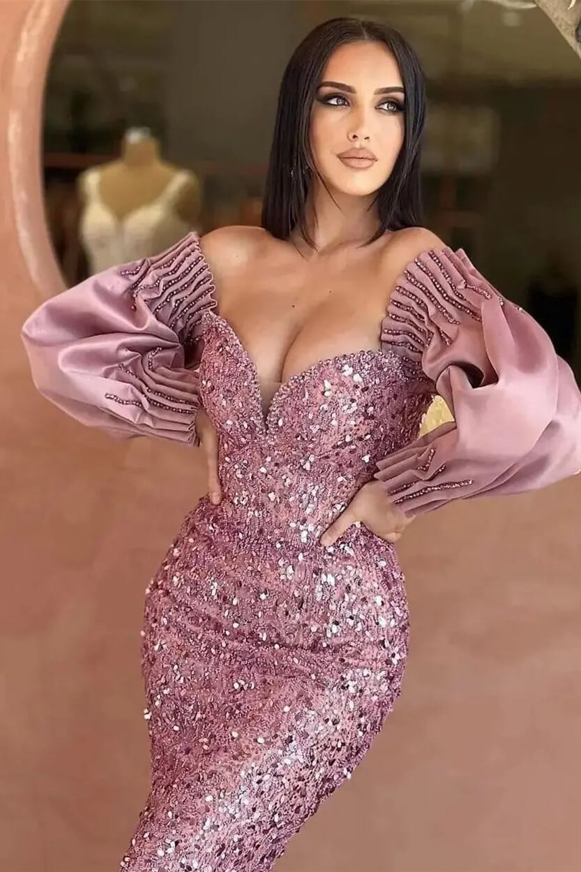 Off-The-Shoulder Mermaid Sweetheart Long Sleeves Evening Dress with Sequins