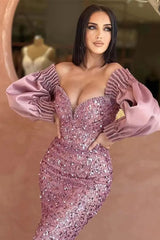 Off-The-Shoulder Mermaid Sweetheart Long Sleeves Evening Dress with Sequins