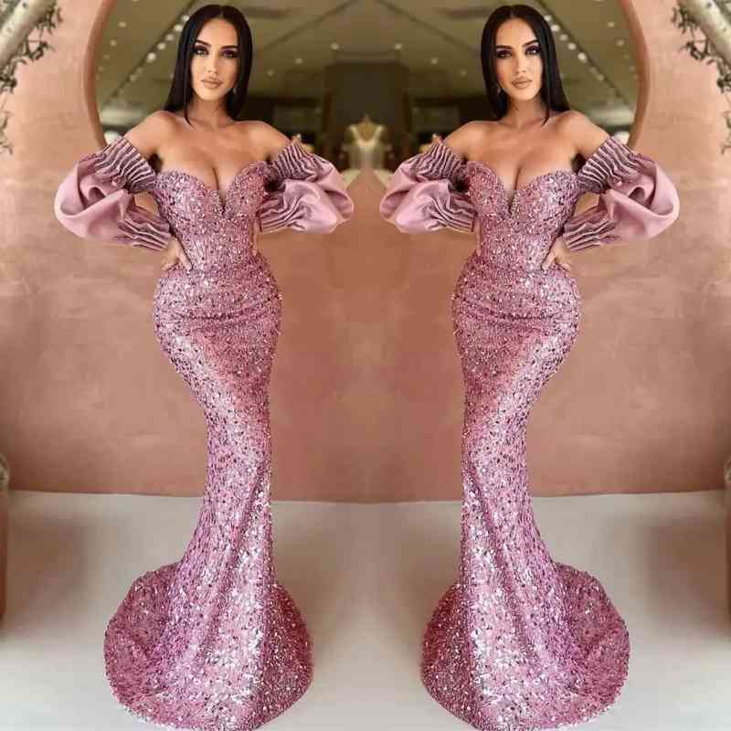 Off-The-Shoulder Mermaid Sweetheart Long Sleeves Evening Dress with Sequins