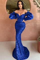 Off-The-Shoulder Mermaid Sweetheart Long Sleeves Evening Dress with Sequins