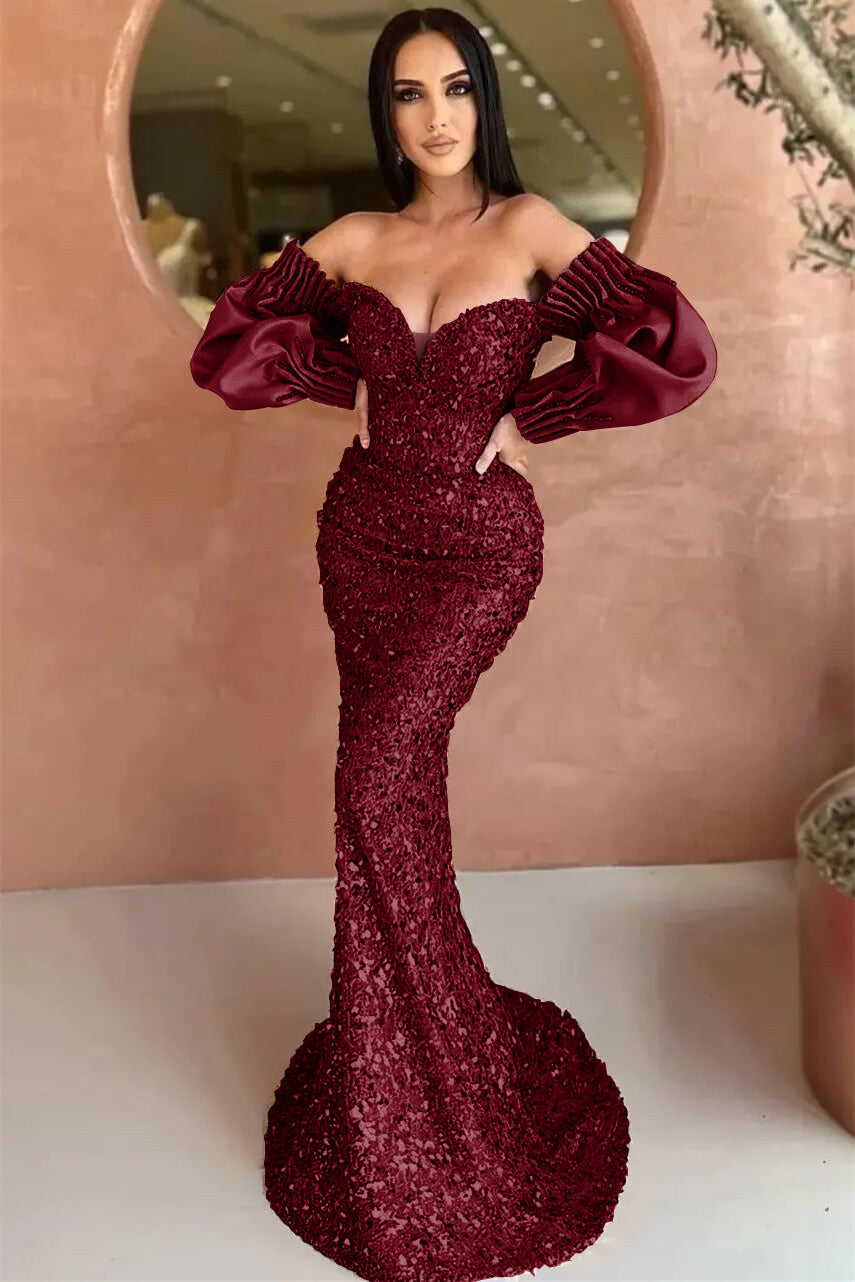 Off-The-Shoulder Mermaid Sweetheart Long Sleeves Evening Dress with Sequins