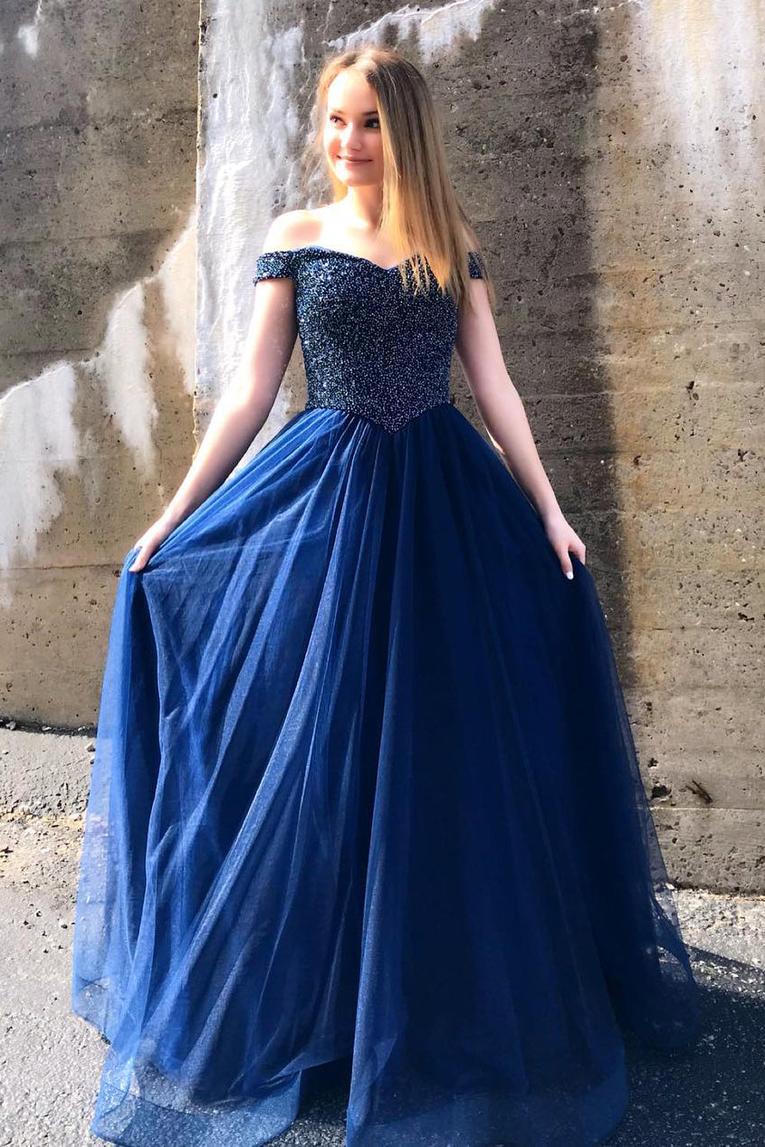 Off the Shoulder Navy Blue Beaded Prom Dress