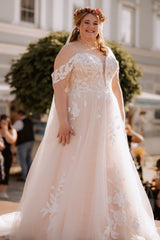 Babyonlines Off-the-Shoulder Plus Size Wedding Dresses with Lace Applique
