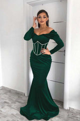 Dark Green Off the Shoulder Long Sleeve Mermaid Long Prom Dress