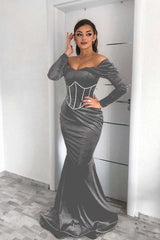Dark Green Off the Shoulder Long Sleeve Mermaid Long Prom Dress