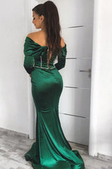 Dark Green Off the Shoulder Long Sleeve Mermaid Long Prom Dress