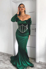Dark Green Off the Shoulder Long Sleeve Mermaid Long Prom Dress