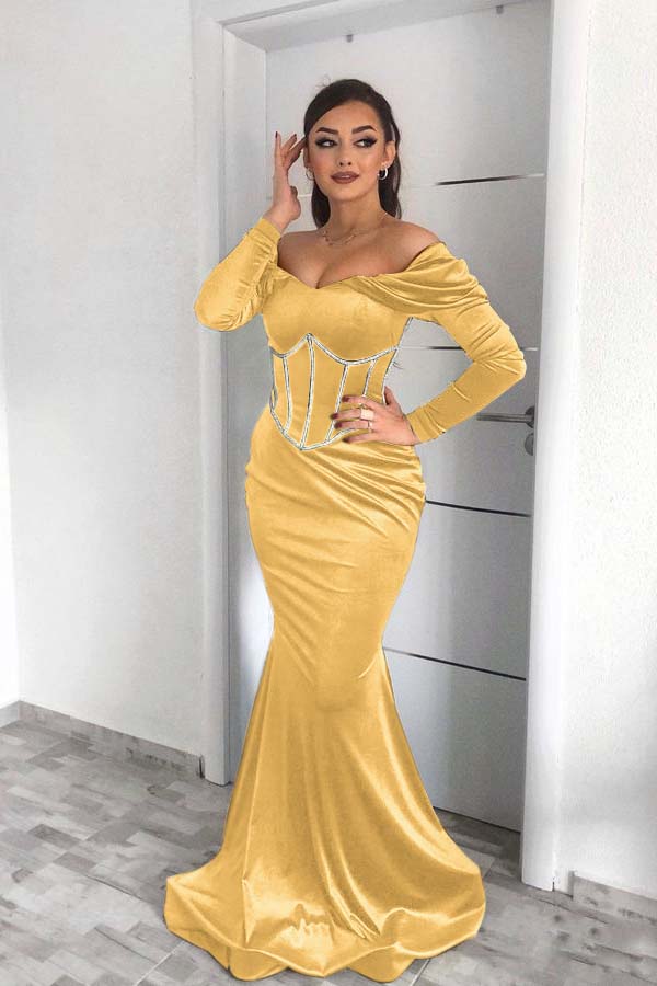 Dark Green Off the Shoulder Long Sleeve Mermaid Long Prom Dress