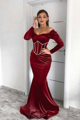Dark Green Off the Shoulder Long Sleeve Mermaid Long Prom Dress
