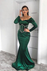 Dark Green Off the Shoulder Long Sleeve Mermaid Long Prom Dress