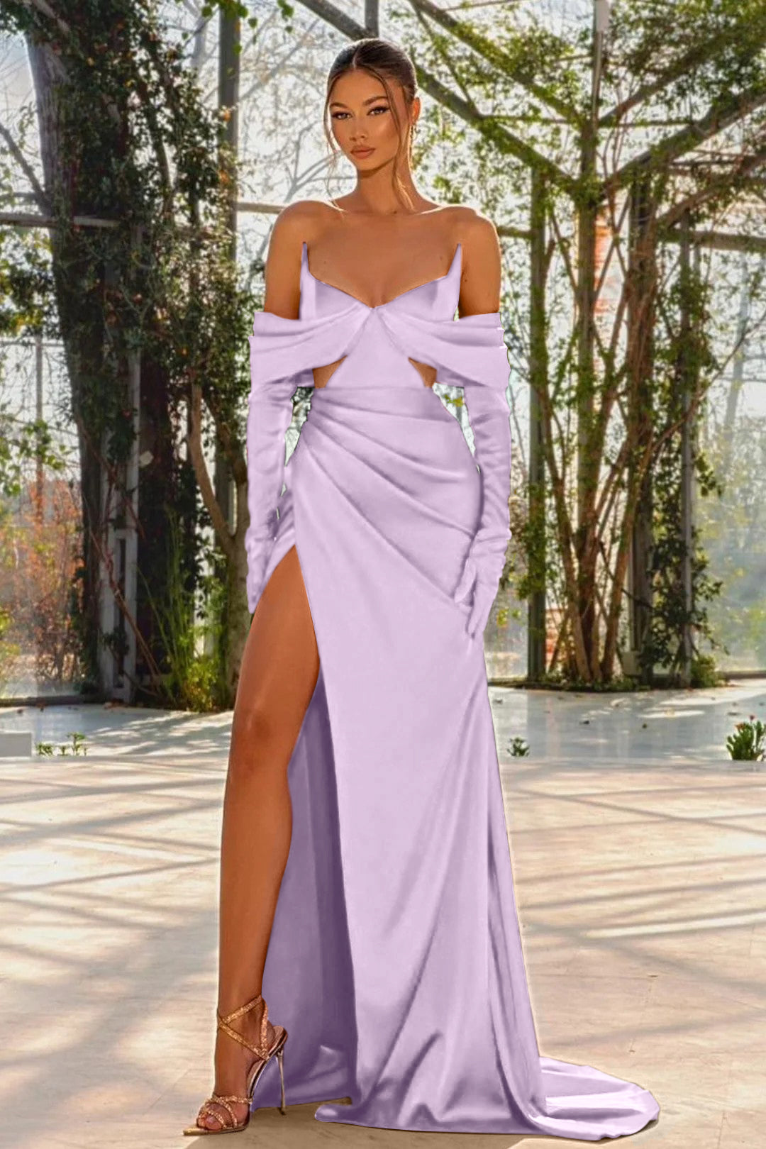 Red Off the Shoulder Prom Dress with Split, Pleated and Gloves