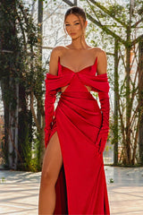 Red Off the Shoulder Prom Dress with Split, Pleated and Gloves